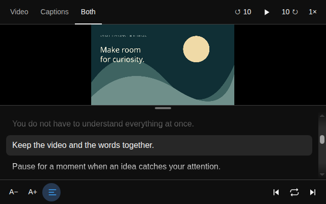 Caption Float Both layout with video above the transcript, the current line highlighted, and caption navigation controls